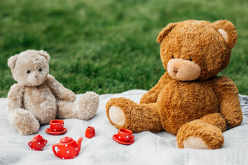 childhood and playing concept - close up of teddy bears and toy crockery on blanket at park