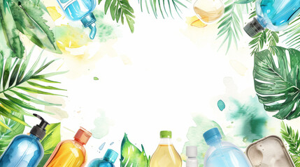 bottles for household chemicals and green plants, watercolor background with copy space in the...