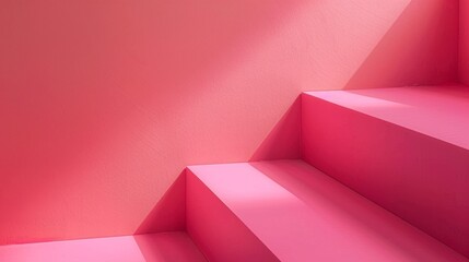 A photo of a minimalist interior featuring a staircase with soft pink painted treads and risers against a matching pink wall. The stairs lead up and disappear out of the frame - obrazy, fototapety, plakaty