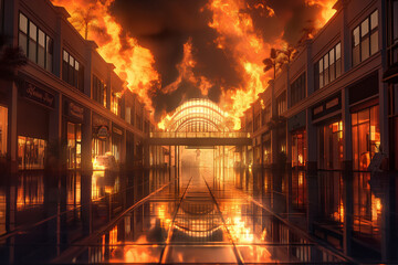 fire in a building in a shopping center, entertainment shopping center with shops on fire, explosion, terrorism. Destroyed City on Fire. Fire in burning buildings. Nuclear radioactive armageddon - obrazy, fototapety, plakaty