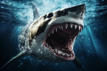 Obraz premium Animated Shark head screaming face. Big life. Generate Ai