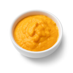 Single white bowl with Peruvian Aji Amararillo pepper sauce close up isolated on white background