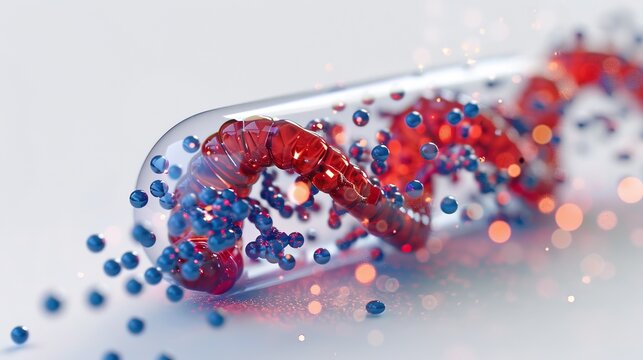 Abstract image of red and blue spheres forming a helical structure flowing from a tube - Powered by Adobe