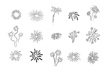 Set fireworks doodle line explosion radial sparkler with rays, hand drawn firecrackers simple and round decoration isolated on white background.