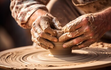 A close-up of a potter's hands shaping clay on a spinning wheel, capturing the tactile beauty of pottery and craftsmanship. - obrazy, fototapety, plakaty