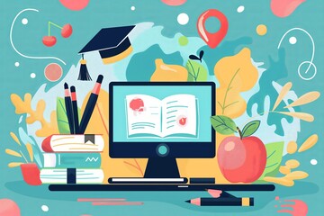Online education, E-learning, computer with school books, innovative online courses, flat cartoon illustration