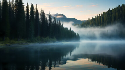 Morning mist covers a beautiful lake surrounded by pine forest - obrazy, fototapety, plakaty