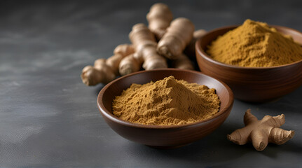 Ginger root and ginger powder in wooden bowl over grey concrete background with copy space. Immune system support. Ayurvedic treatment.generative.ai - obrazy, fototapety, plakaty