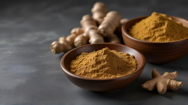 Ginger root and ginger powder in wooden bowl over grey concrete background with copy space. Immune system support. Ayurvedic treatment.generative.ai
