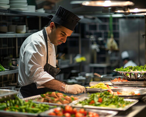 A chef displaying their craft with a beautifully crafted bustle of activity in the kitchen,