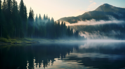 Fototapeta na wymiar Morning mist covers a beautiful lake surrounded by pine forest