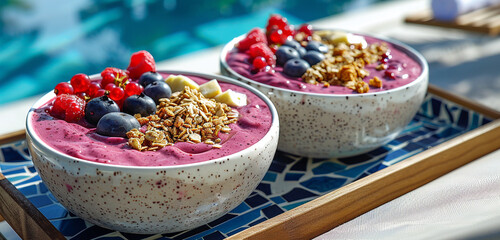 A platter of vibrant acai smoothie bowls topped with fresh berries and granola, presented on a beach umbrella-shaded lounge chair by the pool