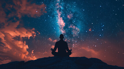 A dramatic silhouette of a Great Teacher-Lord sitting in meditation beneath a star-filled sky, with copy space above the figure, symbolizing the connection between earthly and cele