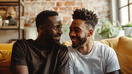 Two Male Same-Gender Couple Enjoying a Quiet Moment at Home - obrazy, fototapety, plakaty