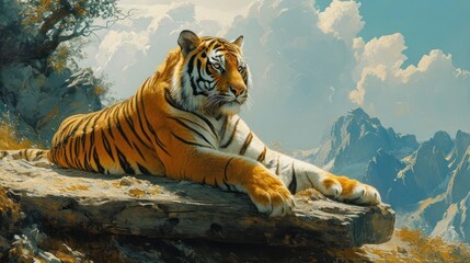 regal tiger in the classic art style aesthetic, emphasizing the animal's powerful and majestic presence