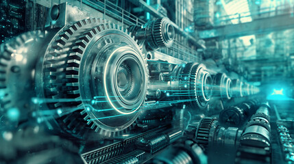 Fototapeta premium Industry 4.0 Abstract: Smart Factory with Gears, Circuits, Data Paths in Silvers, Grays, Electric Blue 