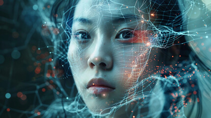 A surreal depiction of a woman's face being digitally manipulated through advanced AI algorithms,