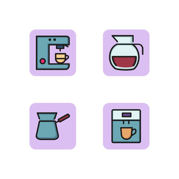 Equipment for prepapring coffee line icon set. Coffee machine, jar with hot drink, Turkish coffee, coffeemaker. Coffee shop, kitchen appliance concept