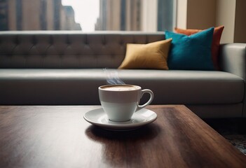 Fototapeta na wymiar cup of hot coffee and tea on wood table besides window