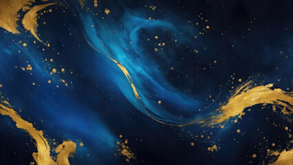 Blue and Golden sparkling abstract background luxury black smoke acrylic paint background