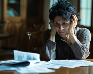 Close-up of a despairing adult facing financial documents, underlining the personal impact of economic failure,