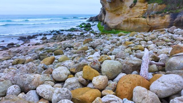 Coastal landscape around Lua&ntilde;a or C&oacute;breces beach. Aerial view from a drone. Alfoz de Loredo Municipality. Cantabrian Sea. Cantabria. Spain. Europe