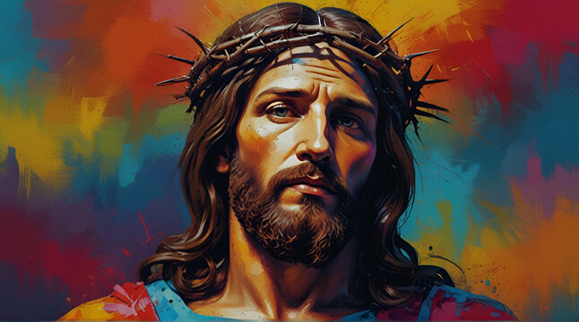 Colorful Abstract portrait Jesus Impasto painting art. Banner Christ in a crown of thorns pop art poster easter holiday and good friday.generative.ai