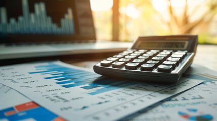 Macro view of a calculator, budget books, and a background of recession graphs, signifying financial planning in crisis,