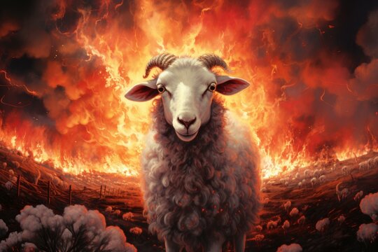 Monstrous Nightmare sheep with fire flames. Horrified scary lucifer animal in burning fire. Generate ai