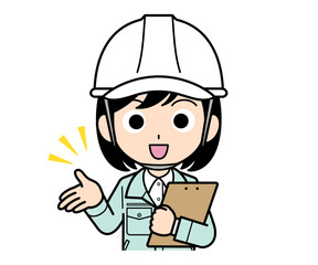 バインダーを持って説明する現場監督の女性