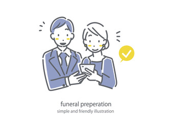 お葬式について調べる若い夫婦　喪服　シンプルでお洒落な線画イラスト