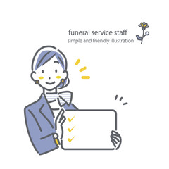 笑顔で案内をする葬儀関係の女性スタッフ　シンプルでお洒落な線画イラスト