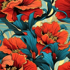 seamless pattern illustration featuring a vibrant poppy, with bold lines and intricate detailing