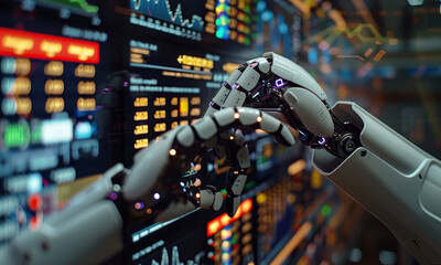 Fototapeta na wymiar Robotic Hand Interacting with Financial Stock Data