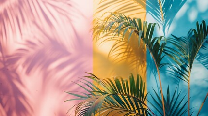 Fototapeta na wymiar Vibrant tropical palm leaves casting shadows on a multi-hued pastel background, giving a fresh summer feel. Minimal summer concept with copy space. 
