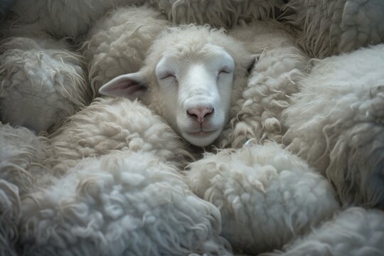 Peaceful Sheep sleep cloud white. Fun comic lamb snooze wool. Generate Ai