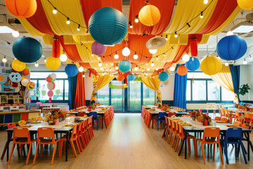 A kindergarten graduation setup with colorful chairs, balloons, and a festive table with flowers - obrazy, fototapety, plakaty