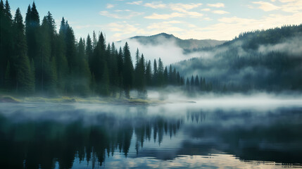 Morning mist covers a beautiful lake surrounded by pine forest