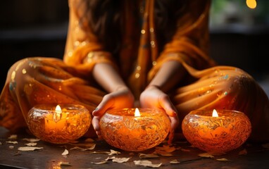 Hands of a person gently holding a lit candle during a serene meditation session.