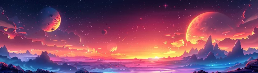 Türaufkleber Create Children's illustration of a space-themed landscape using vector art with realistic lighting and wide-angle lens effects, enhanced by generative AI. © tonstock