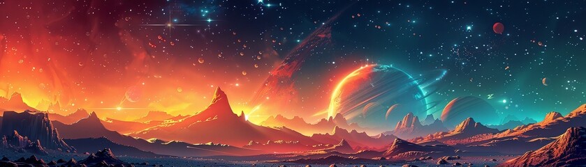 Create Children's illustration of a space-themed landscape using vector art with realistic lighting and wide-angle lens effects, enhanced by generative AI. - obrazy, fototapety, plakaty