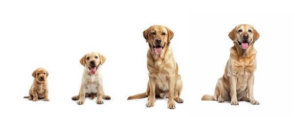 Collection of Labrador Retrievers of different ages. Four Labrador Retrievers, puppy, teenage, adult and senior. Dog age and Veterinarian concept.