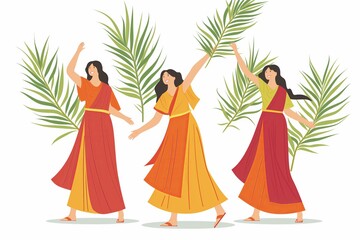 Ancient Roman empire women celebrating with palm leafs, flat cartoon illustration - obrazy, fototapety, plakaty