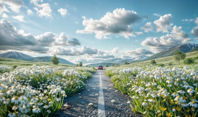 Road in the mountains with white flowers and blue sky with white clouds