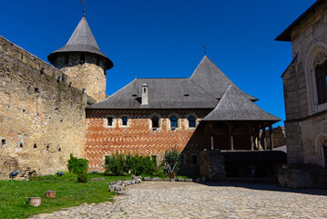 Fototapeta na wymiar Inner courtyard of the Khotyn fortress, complex of fortifications situated on the right bank of the Dniester in Khotyn, West Ukraine