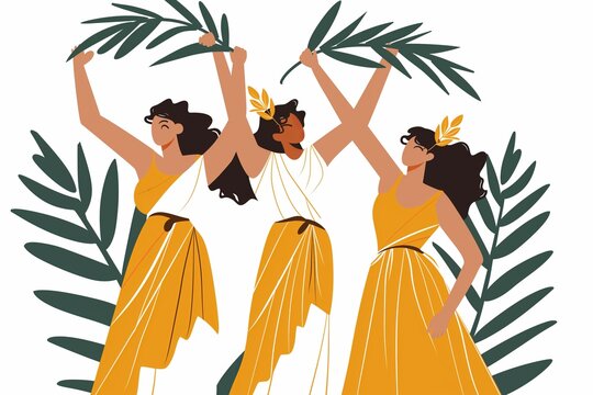 Ancient Roman empire women celebrating with palm leafs, flat cartoon illustration