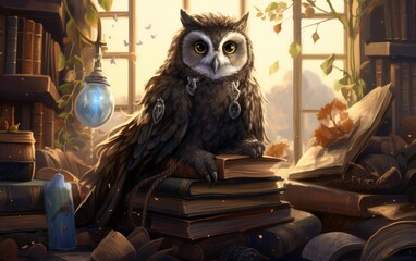Wise owl perched among books and artifacts symbolizes knowledge and wisdom.