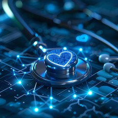 Clinical heart care innovation, biometric data visualization, stethoscope detail