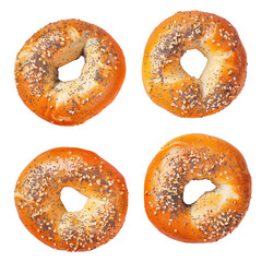 Four poppy seed bagels on a transparent background, delicious baked goods