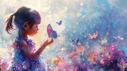 An artwork featuring a young girl wearing a violet gown while gently holding a delicate butterfly,...